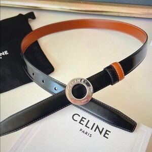 Celine Black and Tan Leather Belt with Silver Ring Buckle